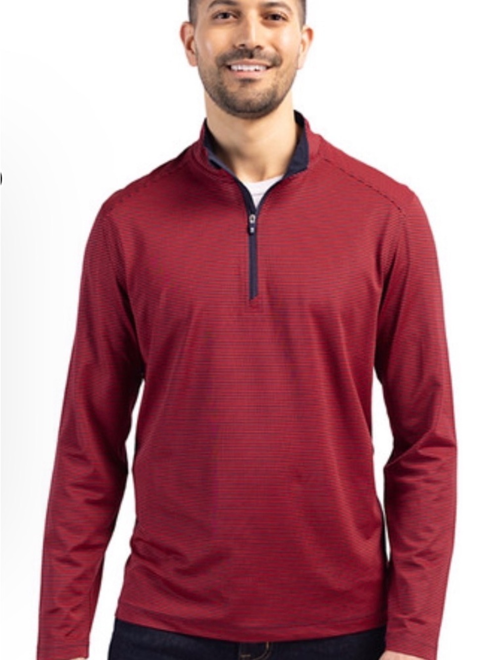 Cutter & Buck Sz 3XB Virtue Eco Pique Micro Stripe Quarter Zip Red Navy Strip